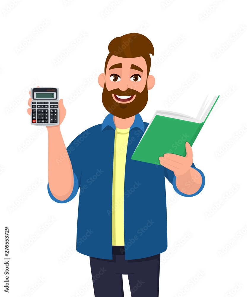 Bearded man showing or holding digital calculator device and book, report, document, folder or file in hand. Modern lifestyle, latest technology, banking, payment illustration in vector cartoon style. Bearded man showing or holding digital calculator device and book, report, document, folder or file in hand. Modern lifestyle, latest technology, banking, payment illustration in vector cartoon style.