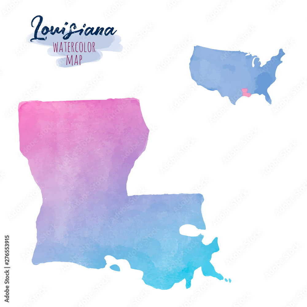 Obraz Ręcznie rysowane akwarela mapa stanu Luizjana. Kolorowa ilustracja na białym tle