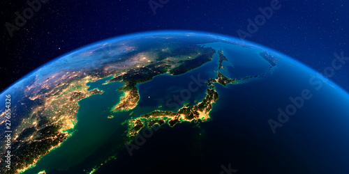 Szczegółowa Ziemia w nocy. Część Azji, Japonii i Korei, morze japońskie