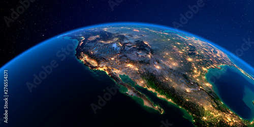 Detailed Earth at night. Gulf of California, Mexico and the western U.S. states photo