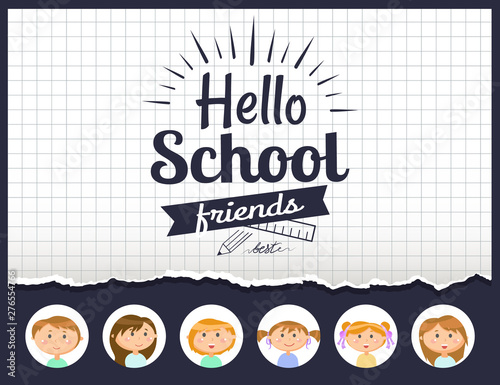 Notebook sheet and pupils, hello school lettering vector. Pencil and ruler, checkered field, boys and girls, autumn season and education time, classmates