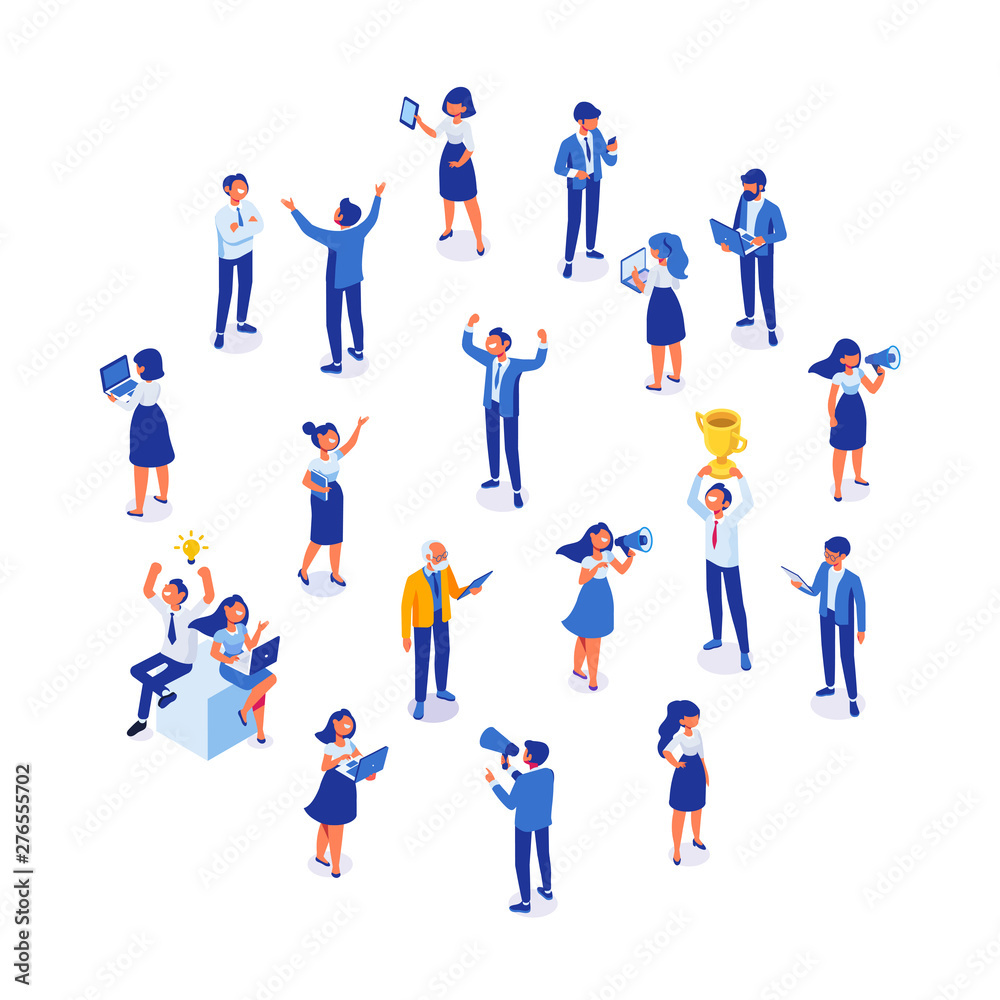 Isomeric business people vector set. Office life, team. Big idea. Celebration,business success. Flat vector characters isolated on white background.	