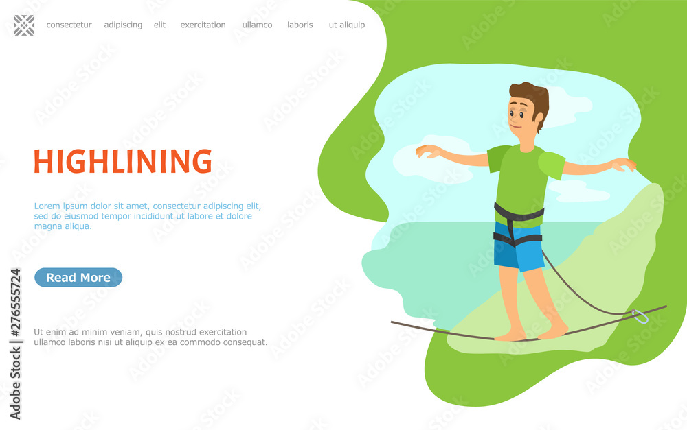 Highlining dangerous hobby of person vector, male wearing special security fasteners balancing on thin line. Risking man on tightrope or pole. Website or webpage template, landing page flat style