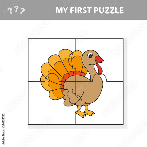Cartoon Illustration of Educational Jigsaw Puzzle Activity Game for Children with Funny Turkey Farm Animal Character
