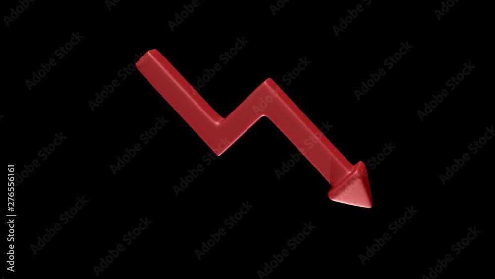 Rotating red downward arrow as a symbol of failure on black background. 3D Rendering. Rotating red downward arrow as a symbol of failure on black background. 3D Rendering.