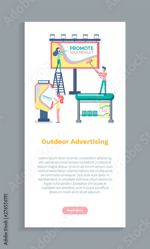 Promotion of your product vector, people placing advertisement on billboard. Advertising agency, outdoors adverts. Website with text sample marketing