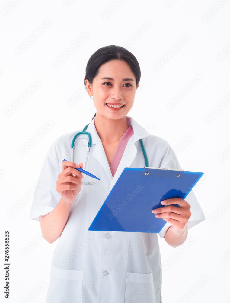 Smiling Asia female doctor, hold with clipboard. isolated on white background. Metaphor to medical, healthcare, doctor, clinical, checkup, hospital concept. Smiling Asia female doctor, hold with clipboard. isolated on white background. Metaphor to medical, healthcare, doctor, clinical, checkup, hospital concept.