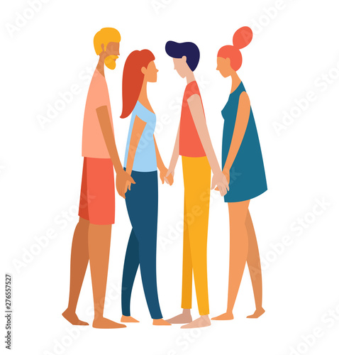 Women and men polyamorist heterosexual straight holding hands together.