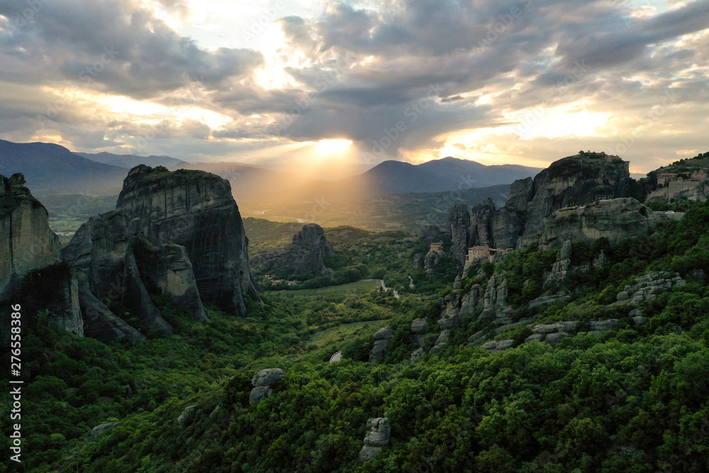 Aerial drone shot with beautiful sunset over Meteora Aerial drone shot with beautiful sunset over Meteora