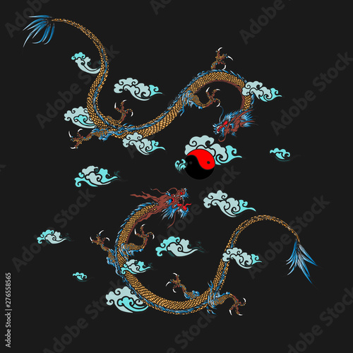 Vector two dragons are taking over the crystal ball on the cloud background.