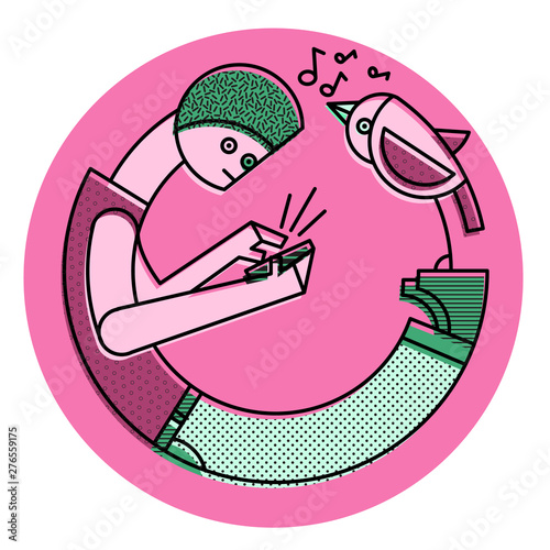Boy texting a message on mobile and ignoring the singing bird concept - Digital vector illustration inside a circle sticker