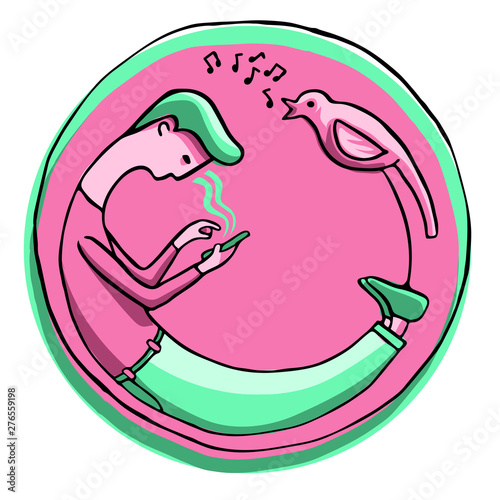 Boy texting a message on mobile and ignoring the singing bird concept - Digital vector hand drawn illustration inside a circle sticker