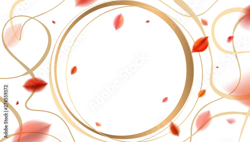 White luxury abstract background with flying red autumn leaves and golden frame decoration vector design