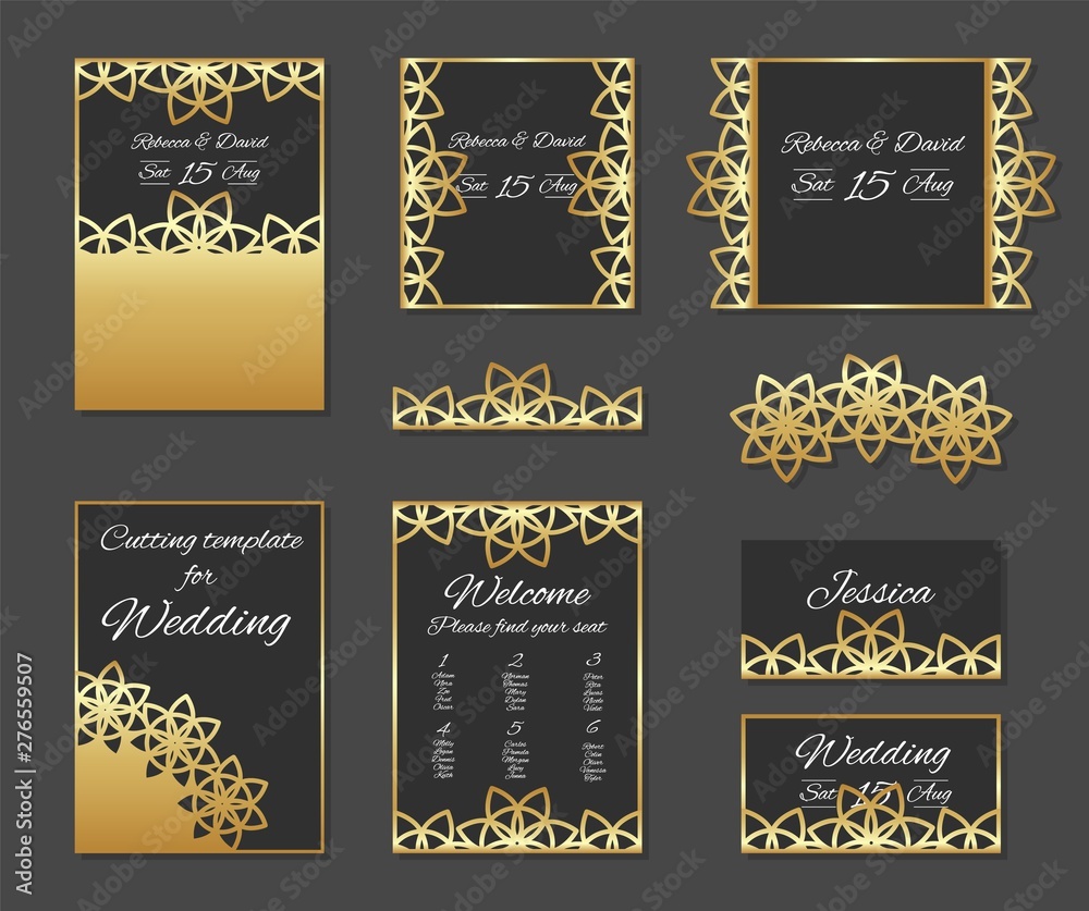 Fototapeta premium Set of laser cut template. Design wedding invitation, menu, seating plan and greeting card templates with gold marble texture on a black background. 