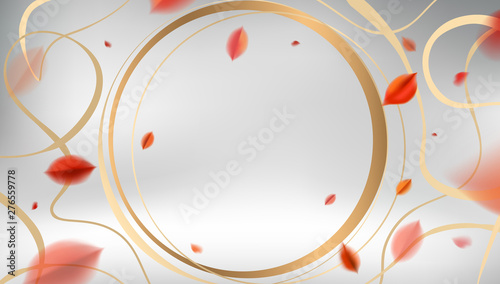 Fall vector design. Luxury abstract background with red leaves and golden frame elegant decoration.