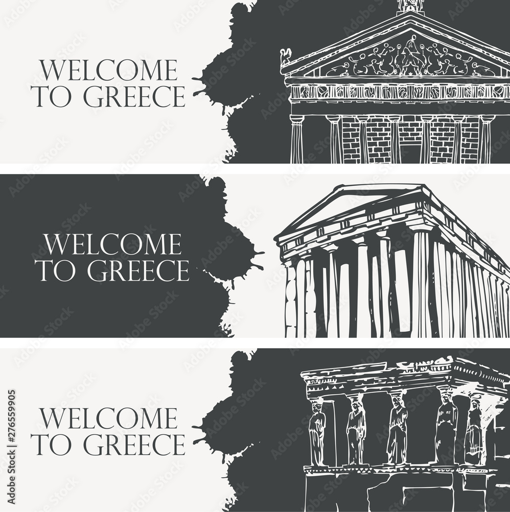 Set of three vector travel banners on the theme of Ancient Greece with  pencil drawings of Greek attractions in retro style. Parthenon, Temple of  Nike Apteros, Acropolis, Athens. Welcome to Greece. Stock