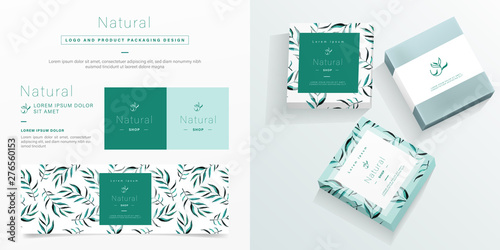 Natural logo and packaging design template. Natural soap package mockup created by vector. Watercolor green leaf pattern for branding and corporate identity design.