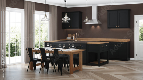 Modern house interior. Interior with black kitchen. 3D rendering. © artemp1