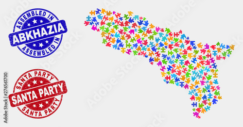Component Abkhazia map and blue Assembled seal stamp, and Santa Party textured seal stamp. Colored vector Abkhazia map mosaic of plug-in items. Red round Santa Party stamp.