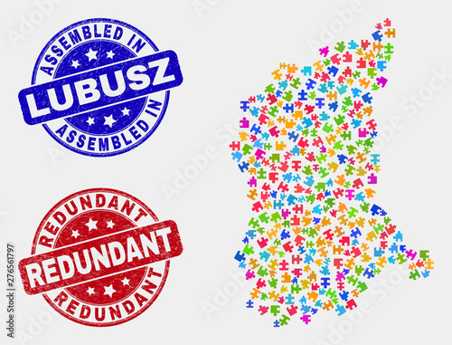 Component Lubusz Voivodeship map and blue Assembled seal stamp, and Redundant grunge seal stamp. Colored vector Lubusz Voivodeship map mosaic of bundle items. Red round Redundant rubber.