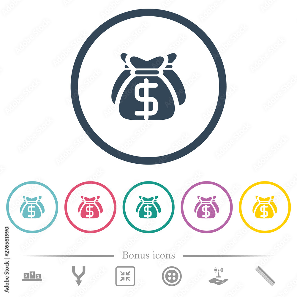 Dollar bags flat color icons in round outlines Dollar bags flat color icons in round outlines