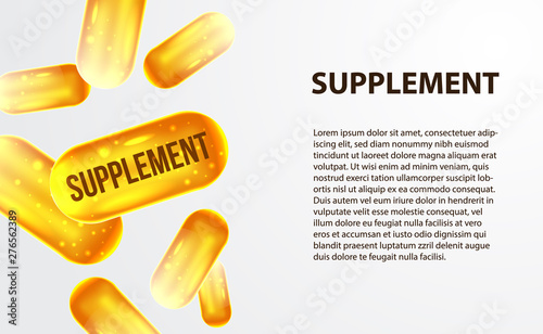 3D supplement capsule gold yellow illustration drop falling for healthcare industry
