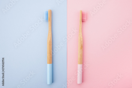 Manual toothbrushes on color background. Dental care