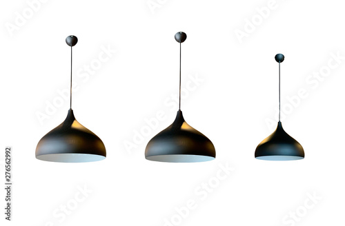 Three black fixture with wiring and hanging plate clipping path and isolated on white background for interior decoration.