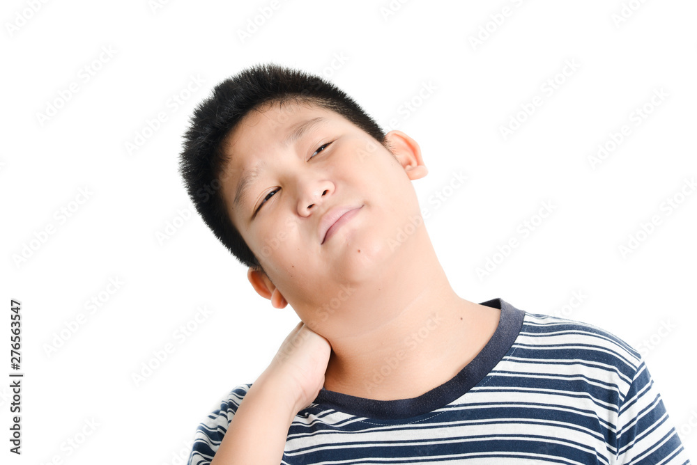 Young Asian preteen boy having shoulder or neck pain. Young Asian preteen boy having shoulder or neck pain.