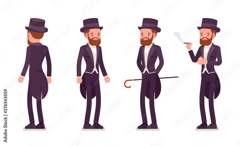 Gentleman in black tuxedo jacket with tails standing. High social rank man, fashionable dandy in classic suit and cylinder hat. Vector flat style cartoon illustration, white background, different view Gentleman in black tuxedo jacket with tails standing. High social rank man, fashionable dandy in classic suit and cylinder hat. Vector flat style cartoon illustration, white background, different view