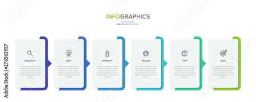 Concept of arrow business model with 6 successive steps. Six colorful rectangular elements. Timeline design for brochure, presentation. Infographic design layout.