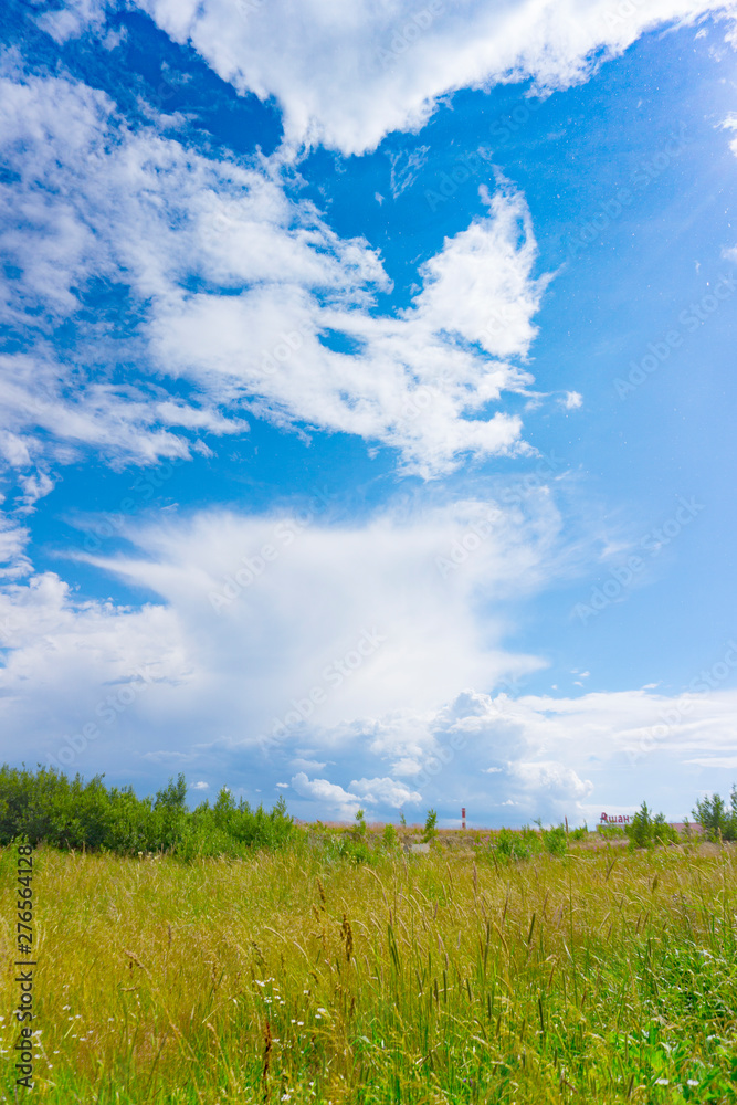Sunny summer field with blue sky, clouds and green grass Sunny summer field with blue sky, clouds and green grass