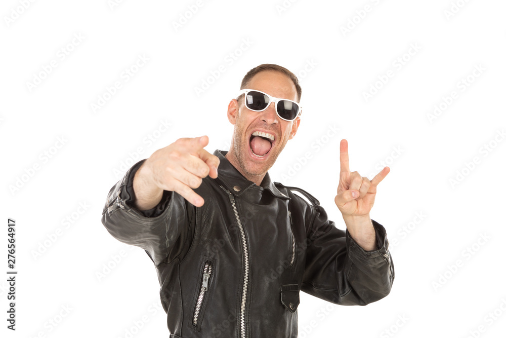 Naklejka premium Happy cool guy with leather jacket an sunglasses