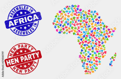 Constructor Africa map and blue Assembled seal stamp, and Hen Party distress seal. Colorful vector Africa map mosaic of plug-in bricks. Red rounded Hen Party stamp.