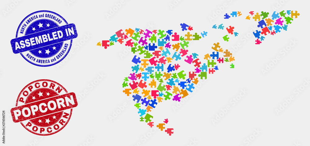 Module North America and Greenland map and blue Assembled seal stamp, and Popcorn distress seal. Colored vector North America and Greenland map mosaic of plugin parts. Red round Popcorn seal. Module North America and Greenland map and blue Assembled seal stamp, and Popcorn distress seal. Colored vector North America and Greenland map mosaic of plugin parts. Red round Popcorn seal.