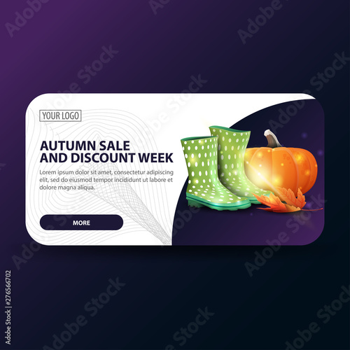 Autumn sale and discount week, horizontal banner with modern design, rubber boots and pumpkin