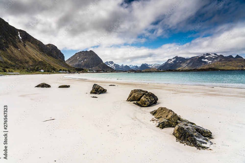 Ramberg Beach, Lofoten Islands, Norway with golden sand and azure sea