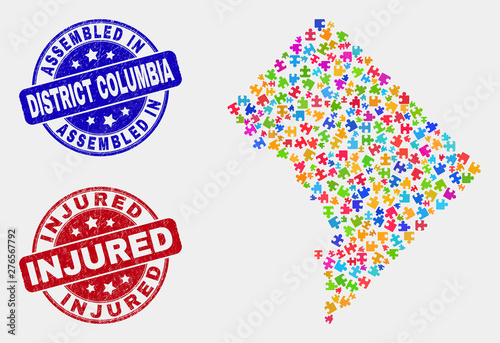 Bundle Washington District Columbia map and blue Assembled seal stamp, and Injured scratched stamp. Bright vector Washington District Columbia map mosaic of plug-in items. Red rounded Injured seal.