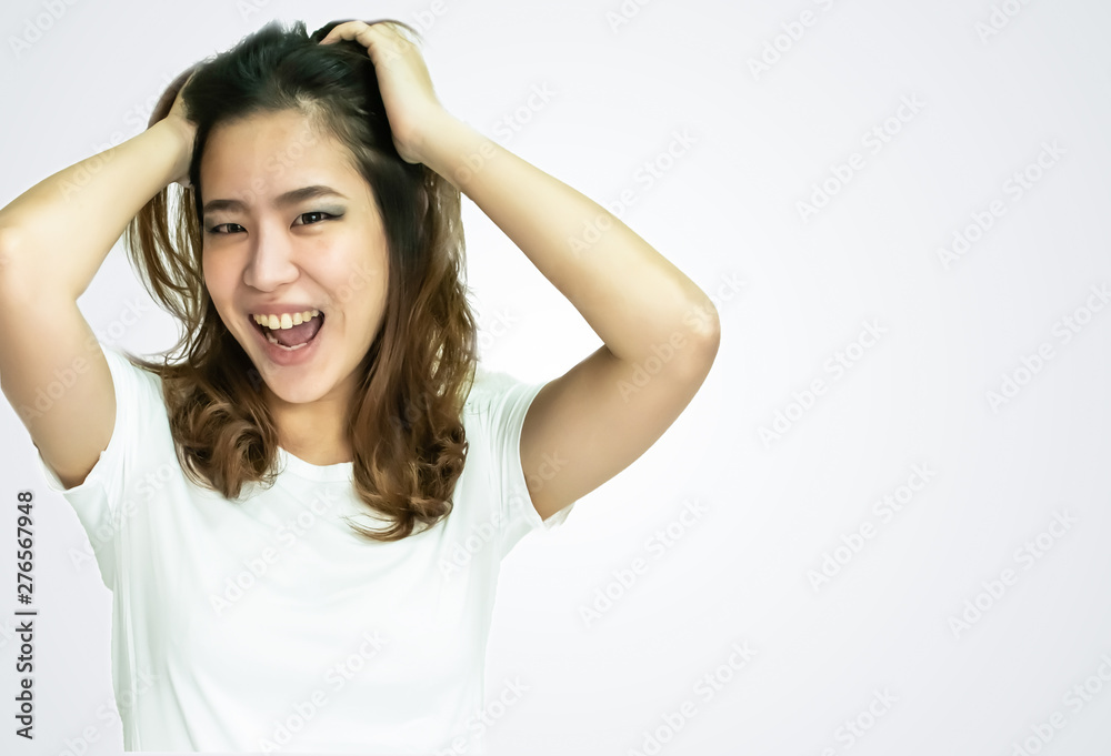 A woman wearing white tshirt on white background A woman wearing white tshirt on white background