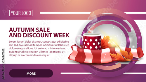 Autumn sale and discount week, banner with mug of hot tea and warm scarf