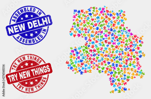 Puzzle New Delhi City map and blue Assembled seal stamp, and Try New Things grunge seal. Bright vector New Delhi City map mosaic of puzzle items. Red rounded Try New Things seal.
