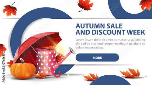 Autumn sale and discounts week, modern discount banner with fashionable design for your website with garden watering can, umbrella and ripe pumpkin