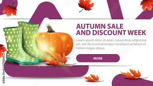 Autumn sale and discounts week, modern discount banner with fashionable design for your website with rubber boots and pumpkin