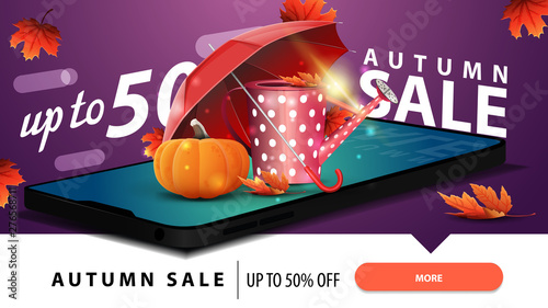 Autumn sale, modern discount web banner for your website with a smartphone, garden watering can, umbrella and ripe pumpkin