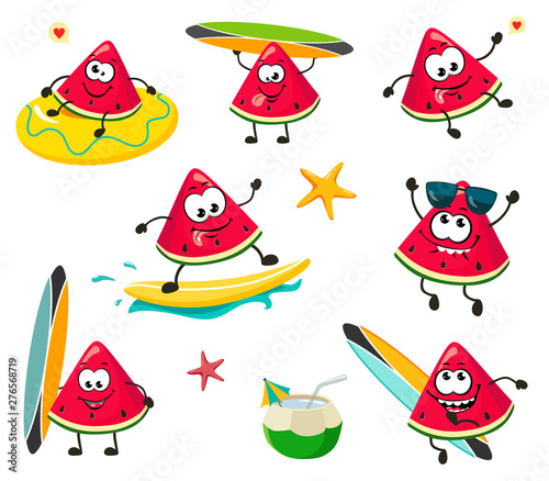 Fototapeta Naklejka Na Ścianę i Meble -  Funny and cute watermelons in a cartoon style kawaii, perfect for prints of children's clothing, stickers, decor and the web. Vector isolates of watermelons in different movements