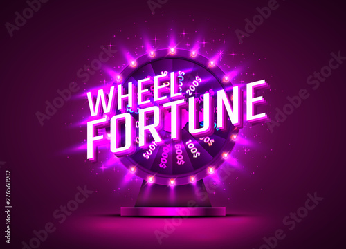 Casino neon colorful fortune wheel. purple background. Vector illustration