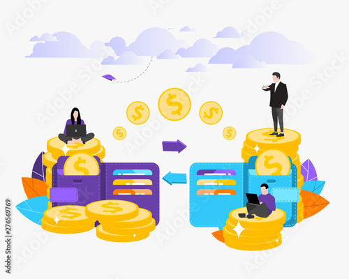 Vector illustration. Purse. Financial transactions, online money transfers, online payment system concept. People transfer money.EPS-10.