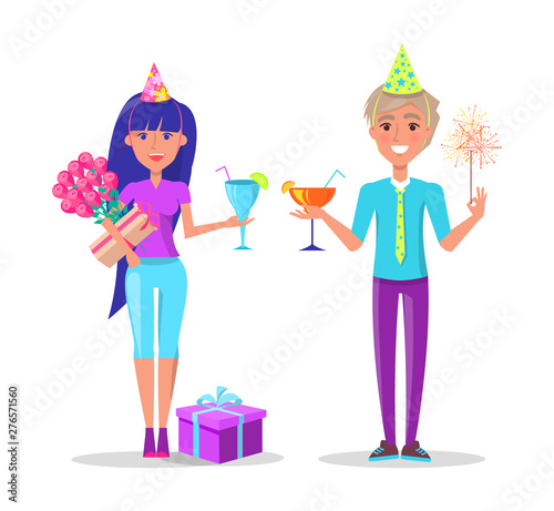 Birthday party, wan and woman, gift boxes and tulip bouquet vector. Cocktails with straw and festive hats, sparkler in guy hand, woman holding flowers