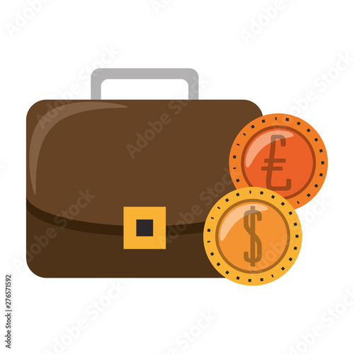 Business briefcase with euro and dollar coins