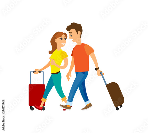 Walking tourists with baggage vector, couple on journey vacation of people. Man and woman relaxing together, travelers with luggage and suitcases
